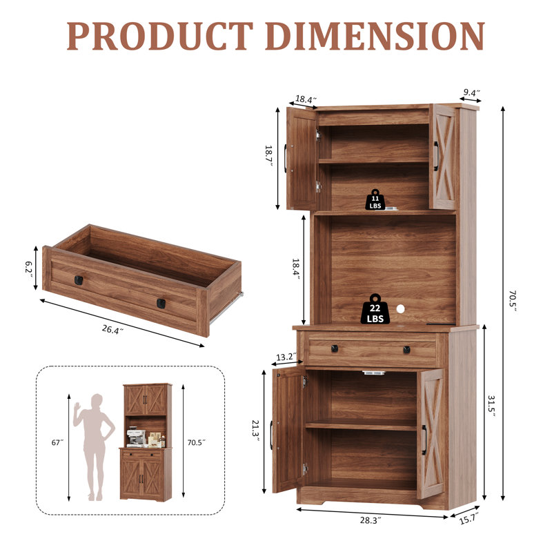 Garde-manger 71 po avec station de charge, rangement de cuisine à 4 portes et 1 tiroir, brun