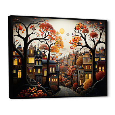 Cozy village in Autumn Moonlit I - Art mural art déco urbain