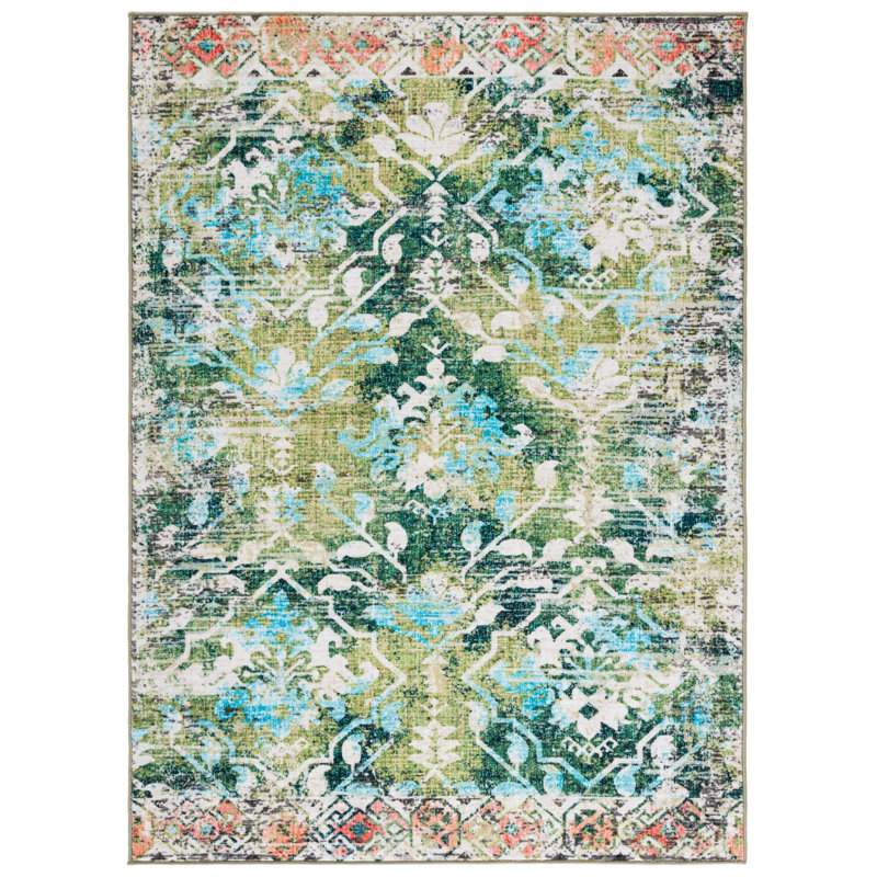 Gurgen Floral Green/Light Blue Area Rug, Rectangle 5'5" x 7'7"