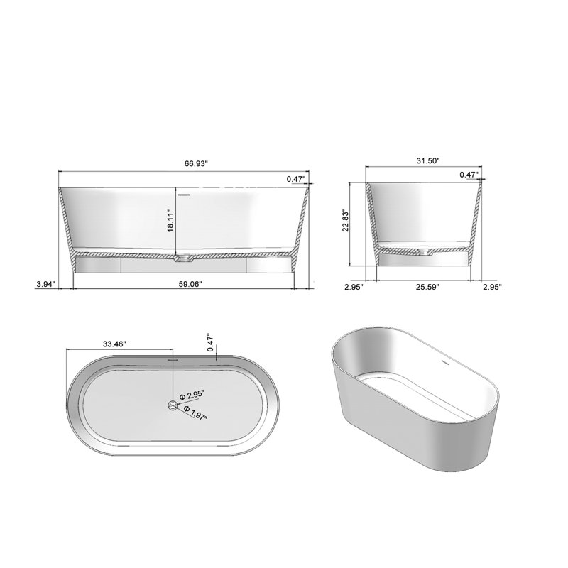 Baignoire de trempage autoportante à surface solide 67 pouces blanc mat 25S16-17PS