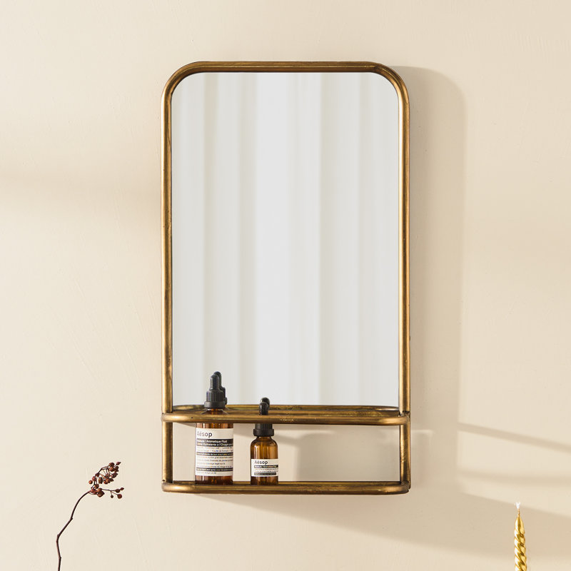 Wall Mirror with Shelf, Gold Metal Frame, Rectangular Bathroom Mirror with Storage Shelf