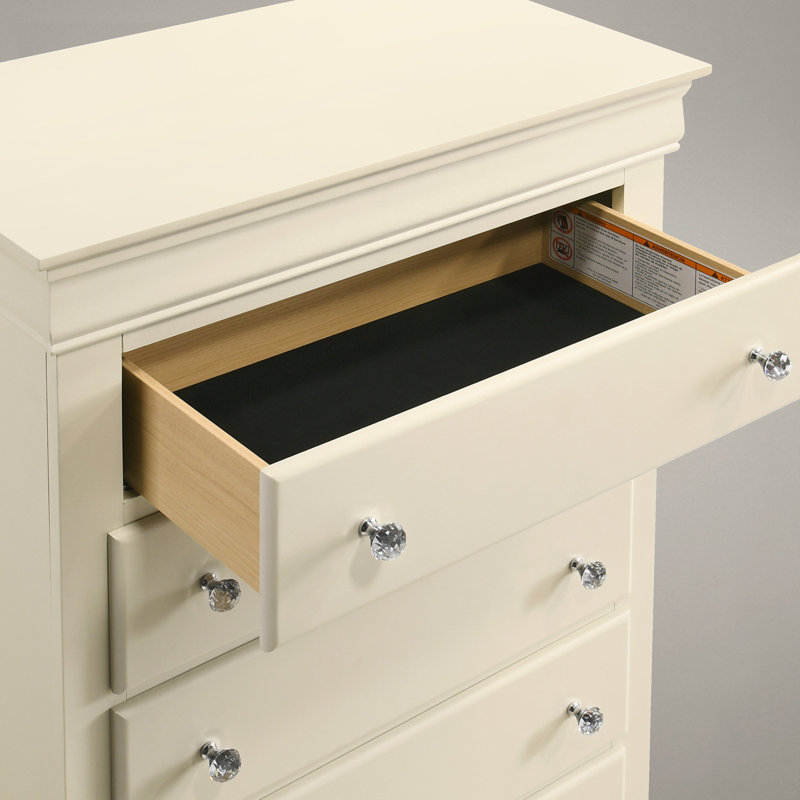 Commode 5 tiroirs en bois massif Barvelle, Ivoire ivoire