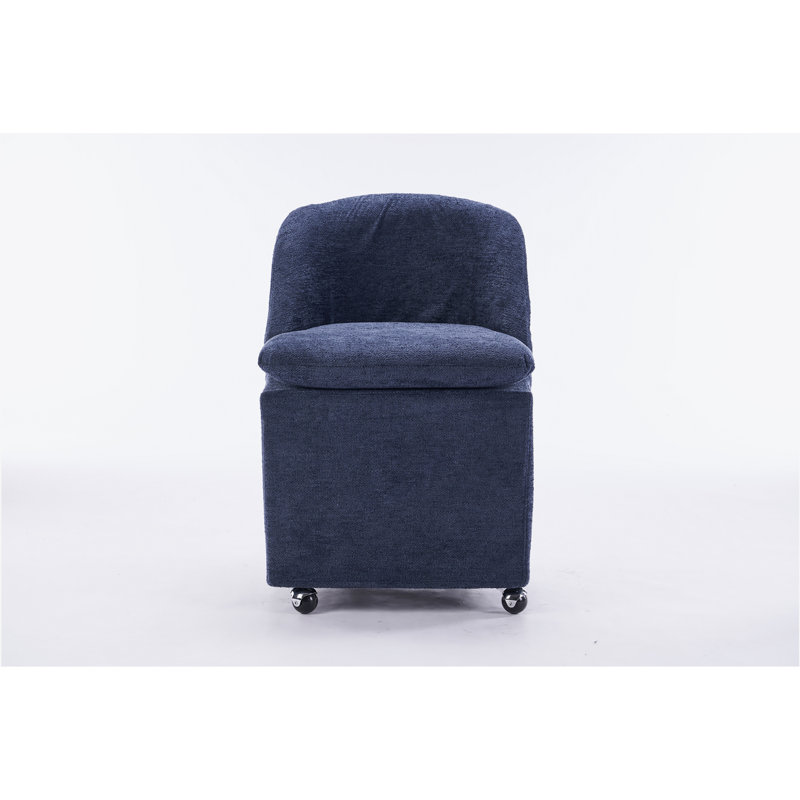Set of 2 Chenille Fabric Dining Chairs With Universal Wheels,Beige, Blue Chenille