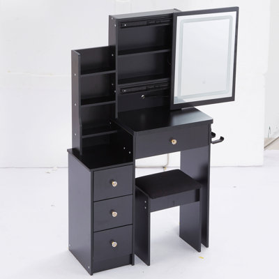 29.2" Small Size Left Bedside Cabinet Vanity Table With Cushioned Stool, 2 Ac+2 Usb Power Station, Hair Dryer Bracket, Extra Large Touch Control Sliding Led Mirror, Tri-Color Switching