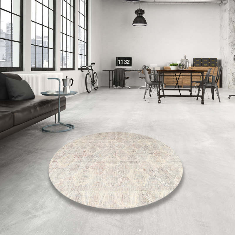 Tapis géométrique en laine beige clair, Rond 7 pi