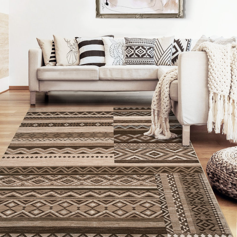 10x13 Washable Area Rug Distressed Vintage Carpet for Living Room Brown Geometric Patchwork Floor Cover for Dining Room Bedroom Low Pile Thin Indoor Carpet Non Slip Foldable Office Rug