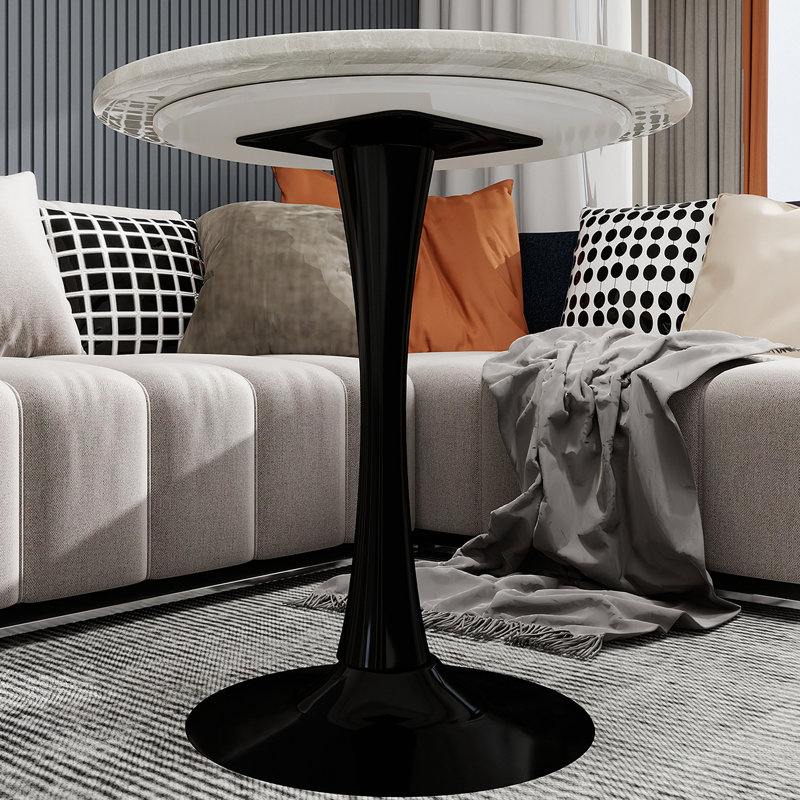 27.6-Inch Coffee Table, Mid-Century Modern Style Dining Table, Accommodates 2-4 People, Featuring A Round Veined Marble Tabletop, Suitable For Various Settings.