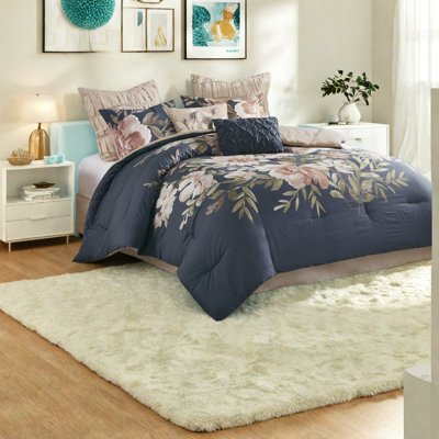 Premium Navy Cotton Bedding Sets, Hypoallergenic Comforter, Shabby Chic Style For Home