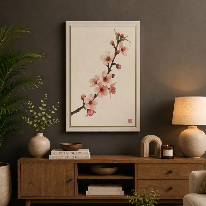 Moonlit Cherry Blossom Japandi 1 Piece Wrapped Canvas Wall Art, 18x12 - 45.7 x 30.5 cm, Cream Border