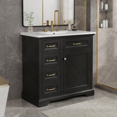 Meuble-lavabo autoportant avec tiroirs supérieurs en céramique et porte à fermeture en douceur