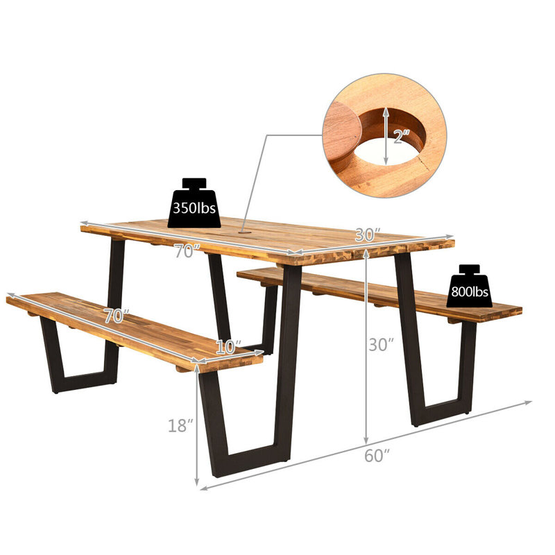 70 po L 30 po W Table de pique-nique en bois massif avec banc et trou pour parasol pour 6 personnes