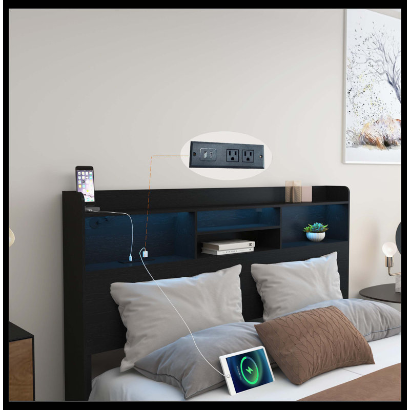 Cadre de lit double avec 4 tiroirs de rangement Cadre de lit double avec tête de lit et tablette de rangement, lit de rangement avec DEL et station de charge, pas de bruit, pas de sommier nécessaire, noir