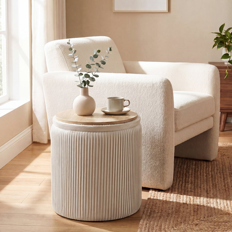 16.9 Inches Height Upholstered Round Storage Ottoman, Beige Corduroy
