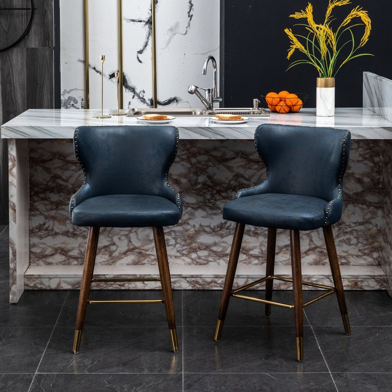 2 tabourets de comptoir de style moderne Mid-Century bleu avec similicuir et garniture cloutée