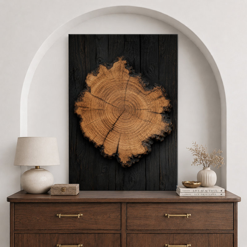 «Round Tree Ring», tranche de bois sur planches foncées, œuvre d'art, impression sur toile encadrée, 18" H x 12" W x 1.5" D