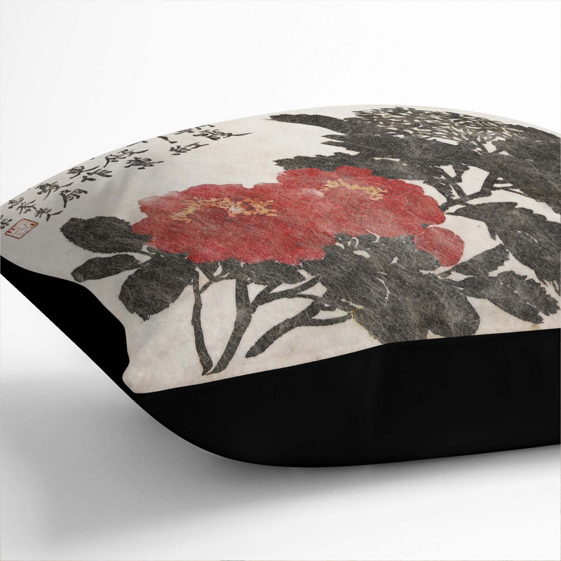 Pink Flowers by Zhao Zhiqian Cushion with Filling, Black, 40cm H x 40cm W x 15cm D