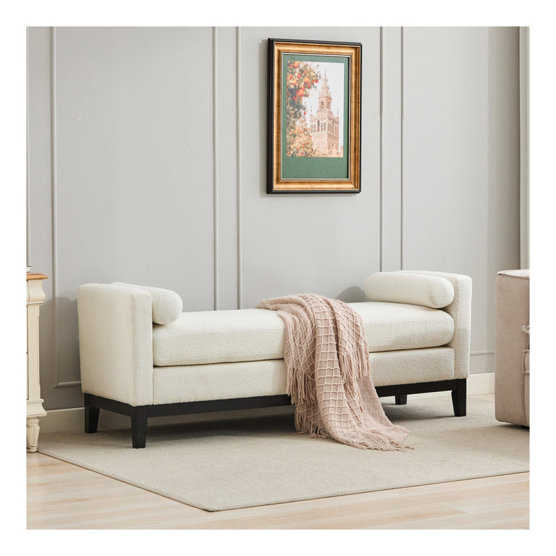 66.34"W Elegant Upholstered Bench,Daybed, Ottoman with Ileah Legs & 2 Bolster Pillows for End of Bed, Bedroom, Living Room, Entryway,Boucle