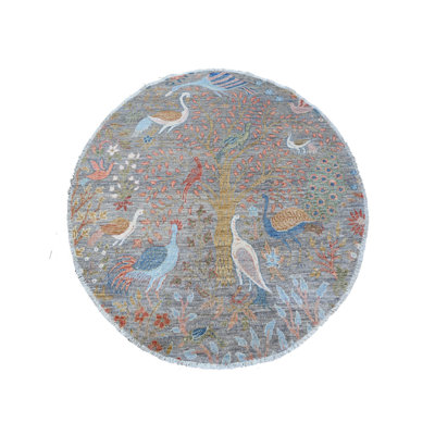 5'1" x 5'1" New Hand Knotted Grey Wool Round Oriental Rug - MOA10289075