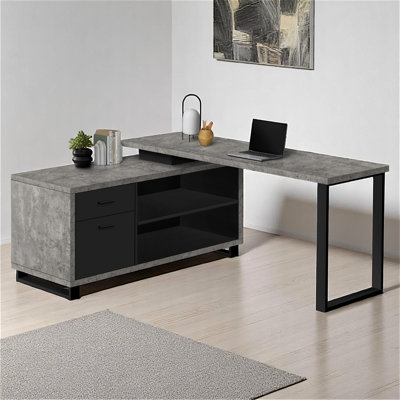 Eline Gray Finish L Shape Computer Desk with Black Metal Legs, 31.12" H X 71.78" W X 59.81" D