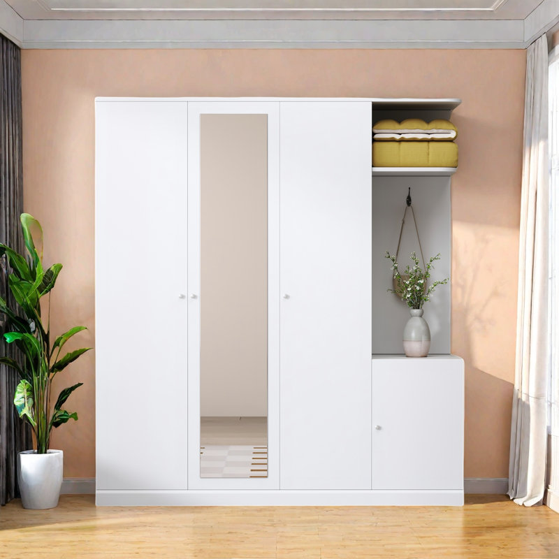 Armoire 4 portes avec tablettes ouvertes, tiroirs, miroir pleine longueur, tringles et crochet, Blanc