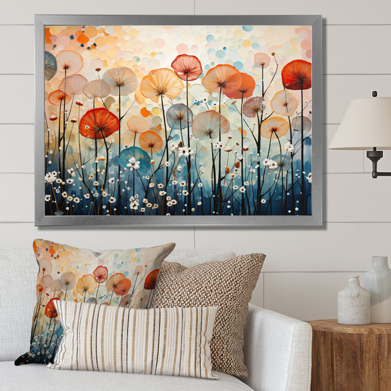 Coral Dandelion Floral Symphony II - Floral Wall Art Living Room, H 16 po x l 32 po x P 1 po, Cadre photo argenté