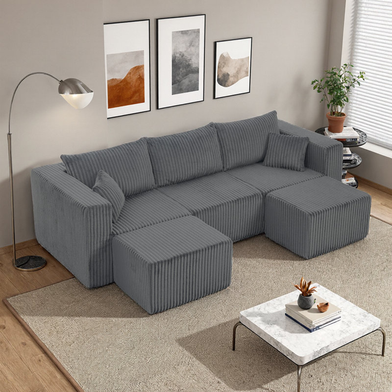 Modern Compact Modular Sofa: 3-Seat Space-Saver Grey Corduroy Sectional, Cloud Comfort (Packaged Flat), Gray