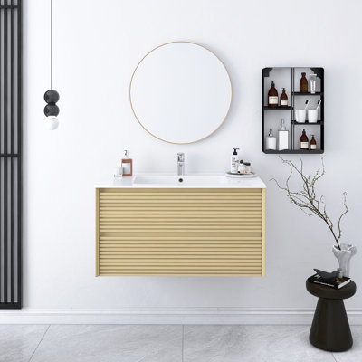 Meuble-lavabo de 36 po avec lavabo, armoire de rangement murale en contreplaqué flottant avec tiroirs, lavabo en céramique blanche sans robinet, pré-assemblé, Corolla 