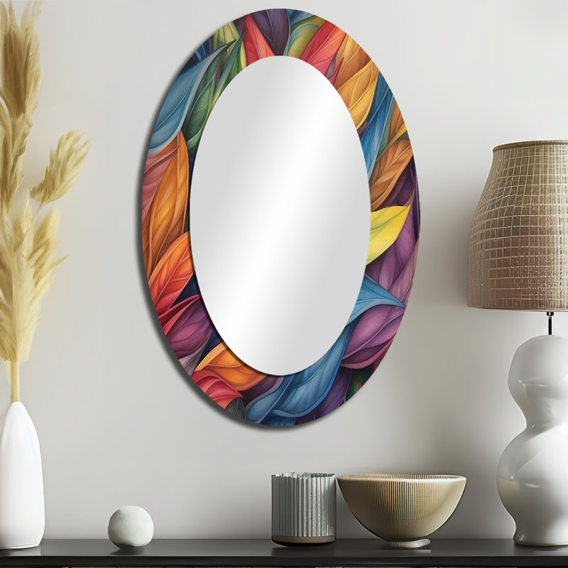 Vintage Rainbow Pastel Leaves Boho Watercolor II - Modern Oval Wall Mirror, 36" x 24"