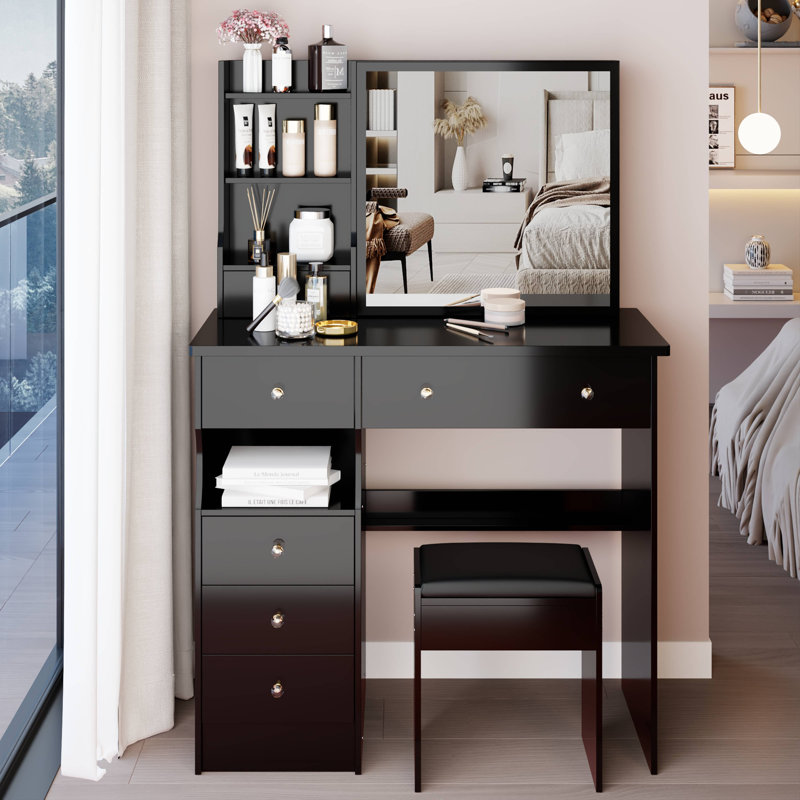 Meuble-lavabo de 37 po de taille moyenne avec tiroir à gauche et tabouret rembourré, très grand miroir coulissant à droite, rangement multi-couches à grande capacité, commode pratique et pratique, convient aux grands espaces