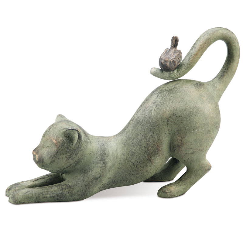 Crouching Cat with Bird Garden Sculpture