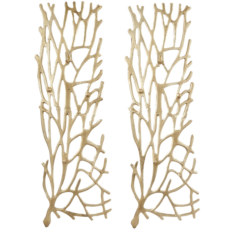 Gold Aluminum Metal Coral Inspired Home Wall Decor, Set of 2 11"W, 33"H, Gold