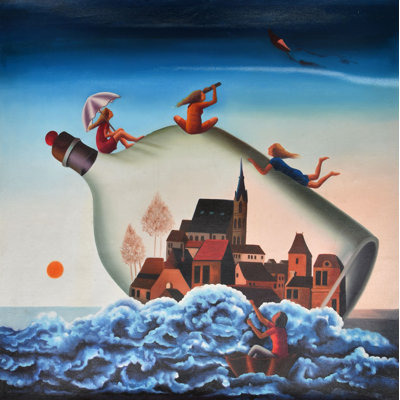 Tempête à l'extérieur d'une bouteille | Peinture à l'huile sur toile