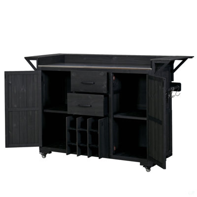 Îlot de cuisine extérieur moderne de 60,2 po de largeur avec roulettes, chariot de cuisine pour barbecue avec plateau en acier inoxydable, chariot de barbecue en bois avec support à épices et porte-bouteilles, 2 tiroirs