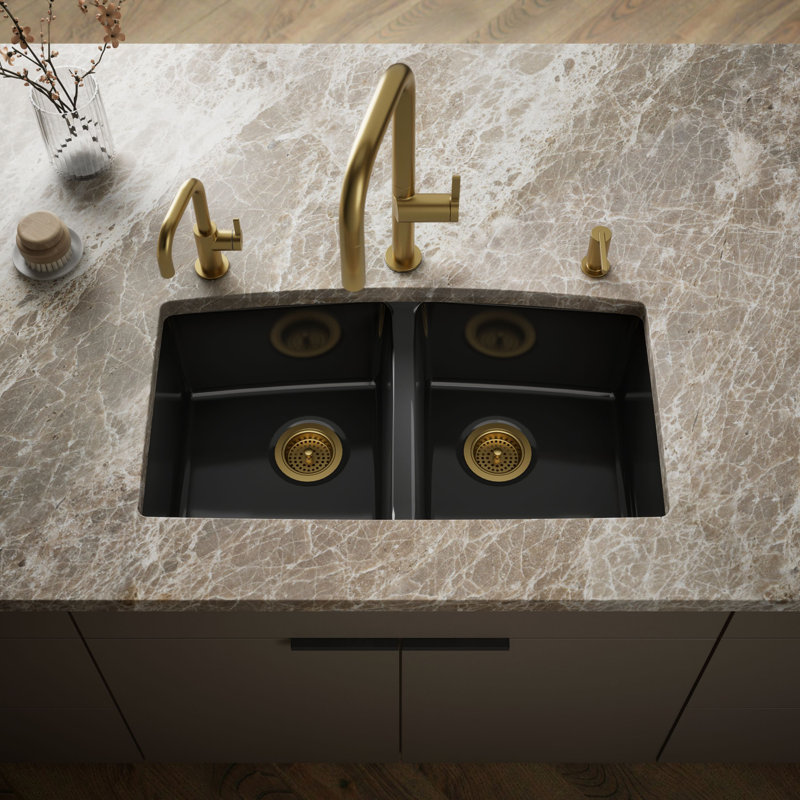 Brookfield 33" L x 22" W x 9-5/8" Under-Mount Double-Equal Kitchen Sink, Black Black