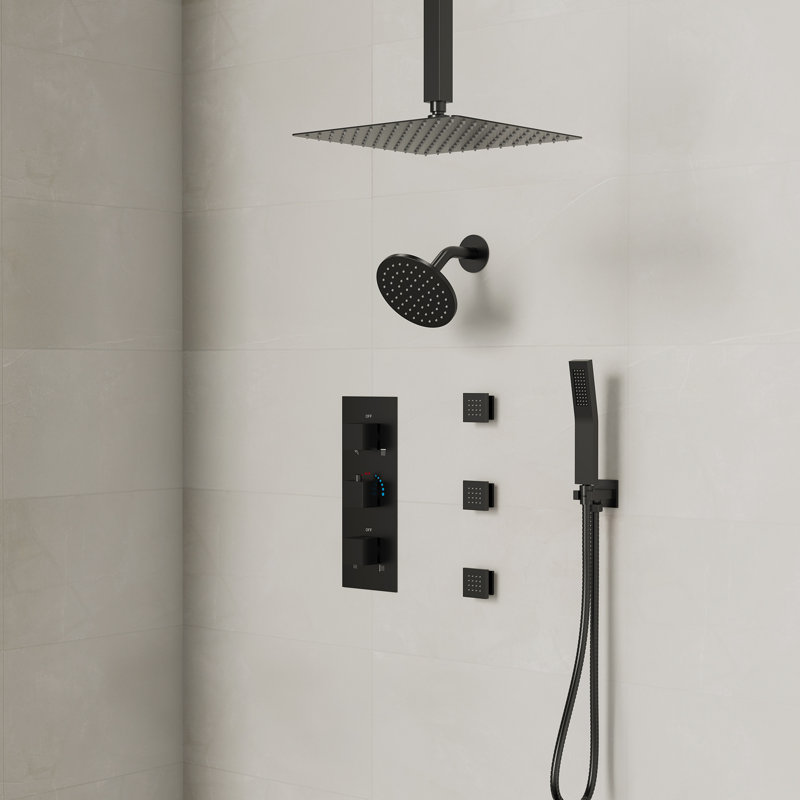 Ceiling Mount 12" Dual Rainfall Thermostatic Shower System with 6 Body Jets and Handheld Spray, Matte Black
