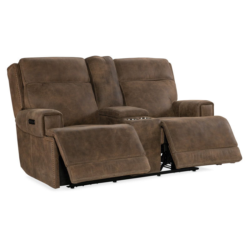 Seville Timber Brown Leather Reclining Loveseat with Storage and Cup Holder