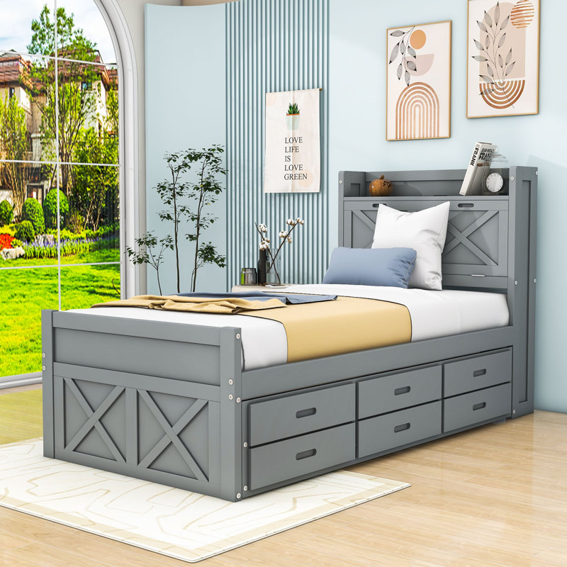 Wood Bed with Storage Headboard,Outlets,Twin Trundle and Three Drawers, Gray, Twin