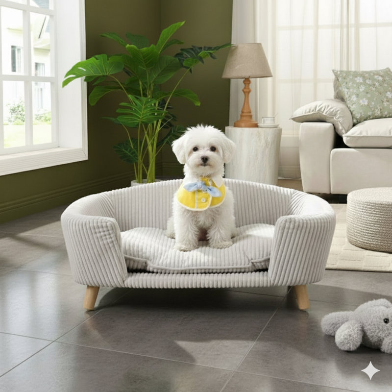 Canapé surélevé adapté aux petits chiens. Fabriqué avec une surface de couchage en velours côtelé. Les pieds du cadre sont fabriqués en bois d'hévéa. Comprend un rembourrage en mousse de soutien. Finition dans un ton beige. Peut être assemblé facilement.