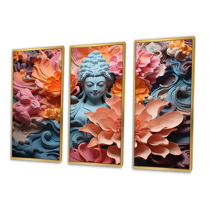 «Blooming Buddhism Statue I» - ensemble d'art mural bouddhisme, Cadre flottant doré, H 28 po x l 36 po