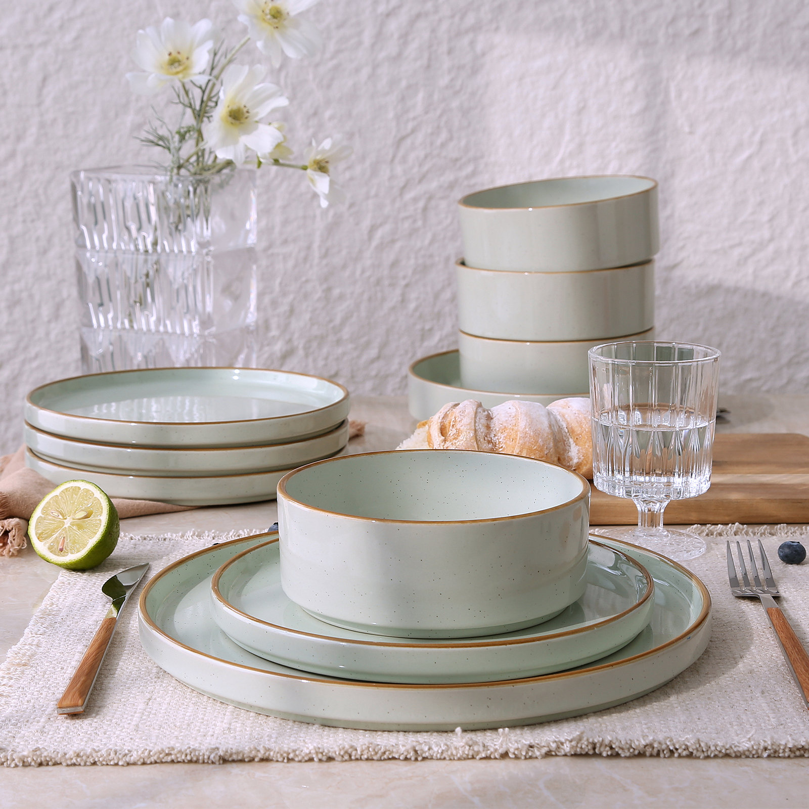 Stoneware Dinnerware Set, Light Green with Brown Rim