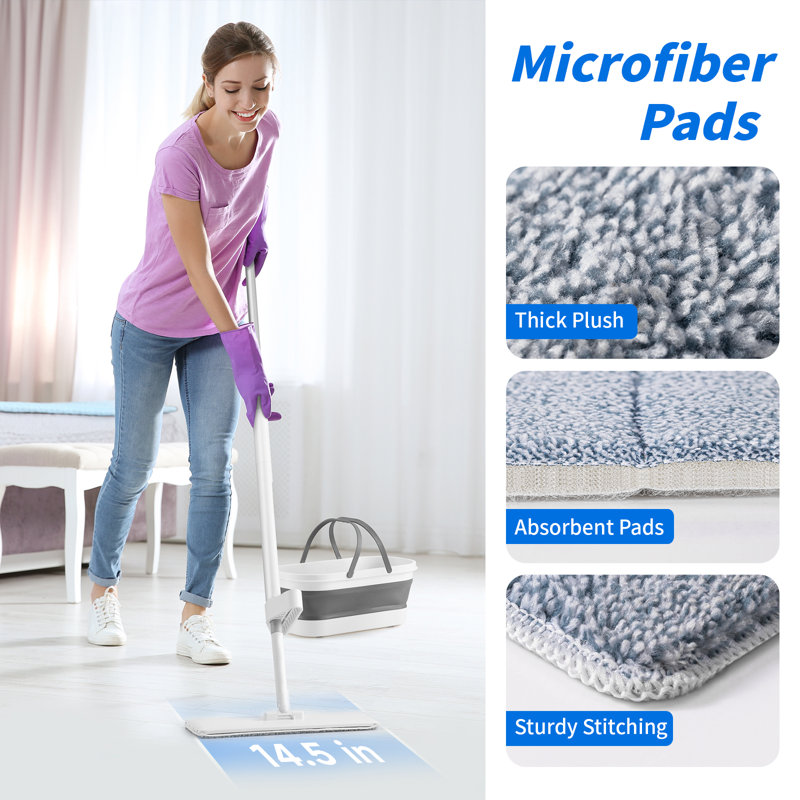 Oshang Flat Mop and Collapsible Bucket OG7, Foldable Bucket with Wheels, 2 Washable Mop Pads