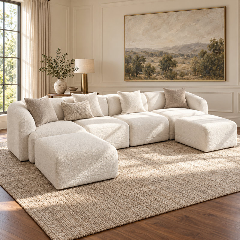 143" Sectional Couches For Living Room, Convertible U-Shape Boneless Couch With 2 Movable Ottomans, 4 Seater Cloud Couch, Deep Comfy Sleeper Sofa Bed Floor Couch, White
