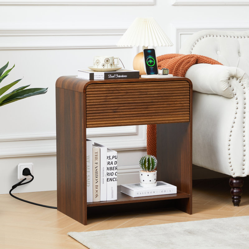 End Table With Storage And Charging Station, Walnut
