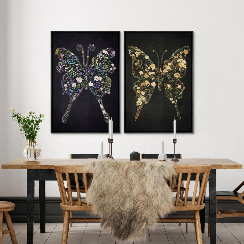 «Duotone Moody Flower Butterfly Unique Chic Modern Boho Room Decor», reproduction d'art sur toile encadrée, H 24 po x l 32 po