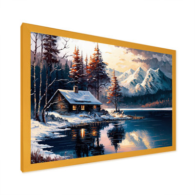 Maison sur le lac en hiver - reproduction sur toile