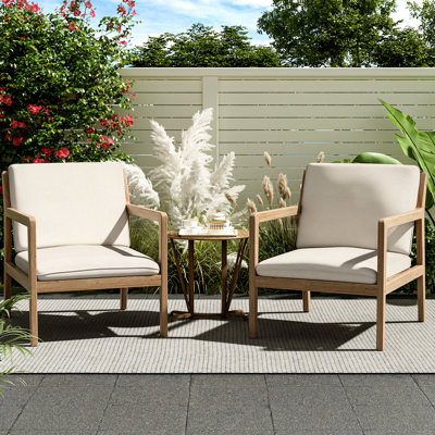 Ensemble de conversation d'extérieur en bois avec 2 chaises de club de patio contemporaines avec coussins d'eau et conception de 2 lattes de style pour le jardin