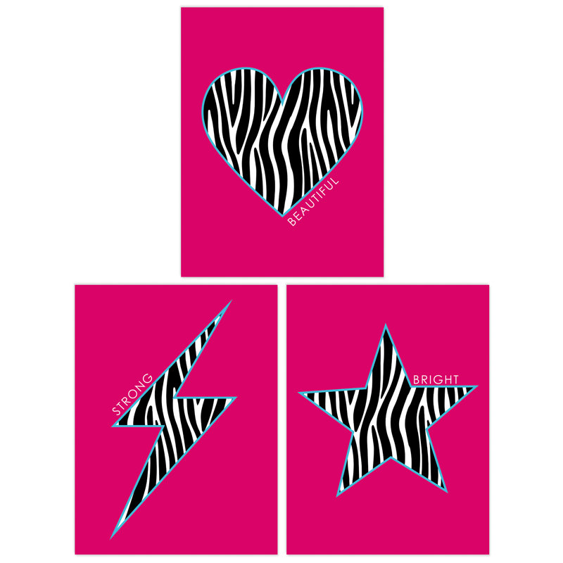 Zebra Pattern Heart Lightning Star Shape Motivational - 3 Piece No Frame Print Set, 40.5cm H x 30.5cm W x 0.3cm D