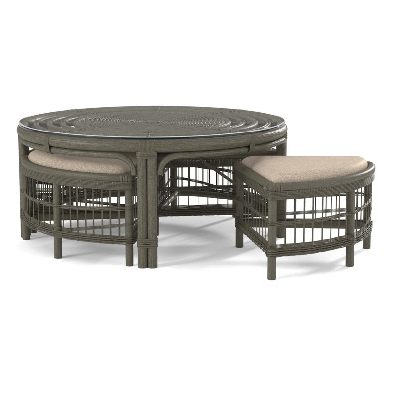 Raffles Rattan Cocktail Table with Benches, Greystone, Blue Buffalo Check; 0120-61