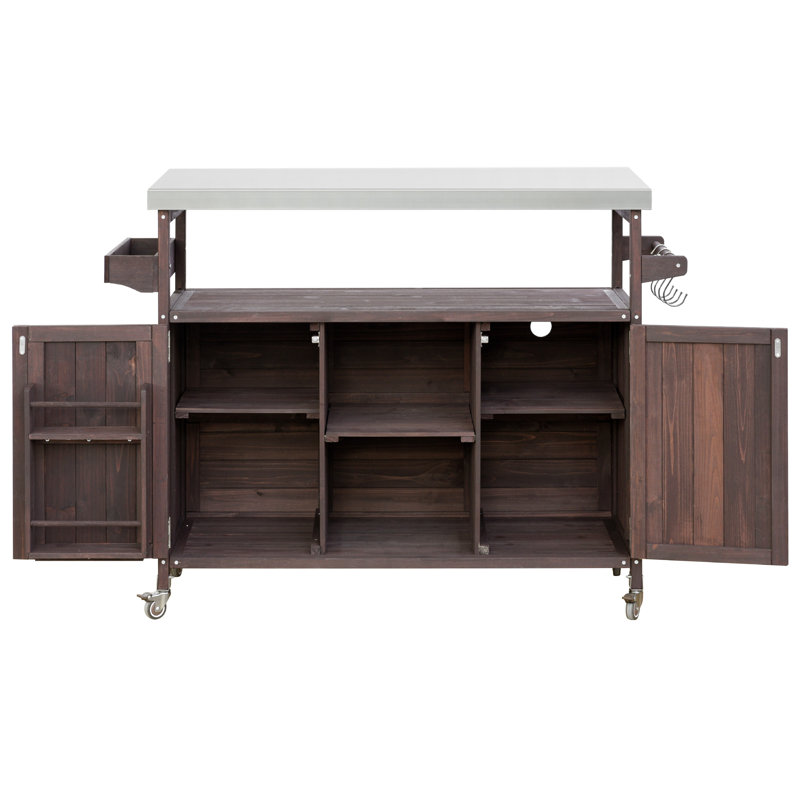 Îlot de cuisine extérieur, table de barbecue d'extérieur en bois massif avec plateau en acier inoxydable, pour cuisine et barbecue