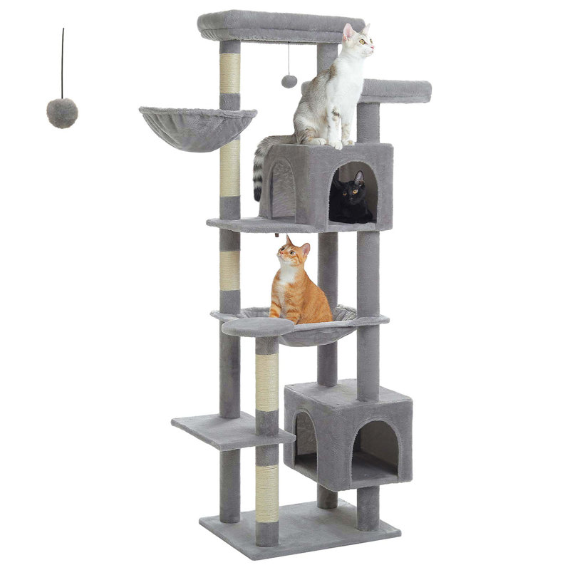 69" Gray Plush Cat Tree Tower with Hammock and Condo